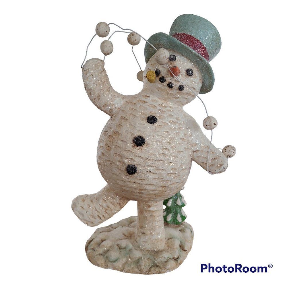 Dancing Snowman With Snowball Garland Shelf Sitter Winter Figurine Corncob Pipe